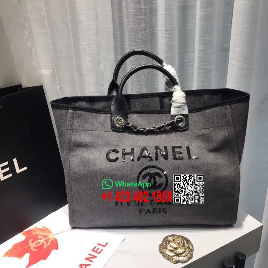 Bolsa Chanel Deauville 38cm Bolsa De Lona Coleção Primavera/verão 2019, Preto/cinza Claro/lantejoulas