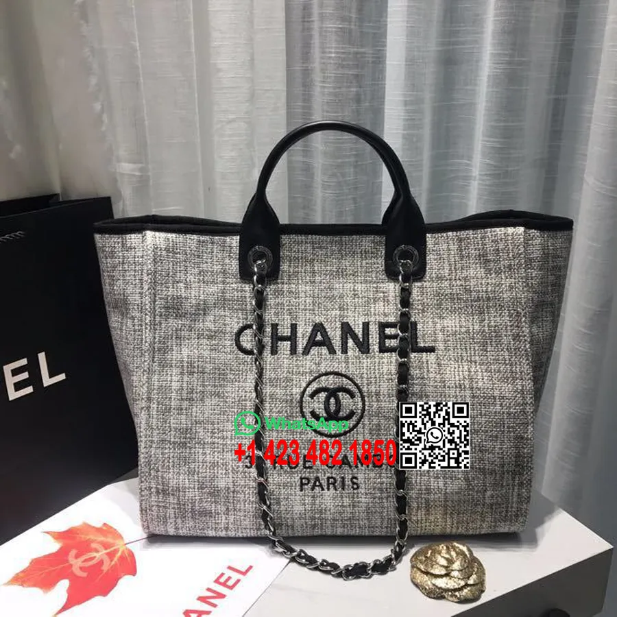 Chanel Deauville Tote 38 Cm Lerretsveske Vår/sommer 2019 Kolleksjon, Svart/grå/hvit/multi