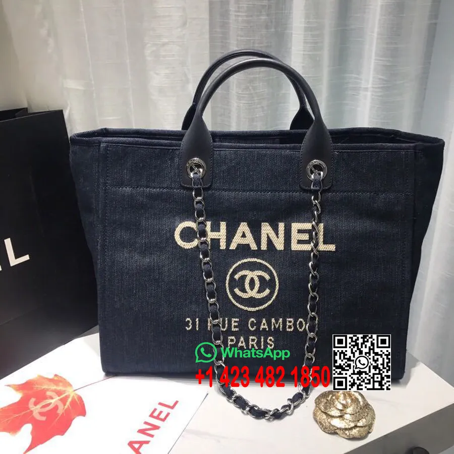 Chanel Deauville Tote 38 Cm Lerretsveske Vår/sommer 2019 Kolleksjon, Mørkeblå Denim/hvit