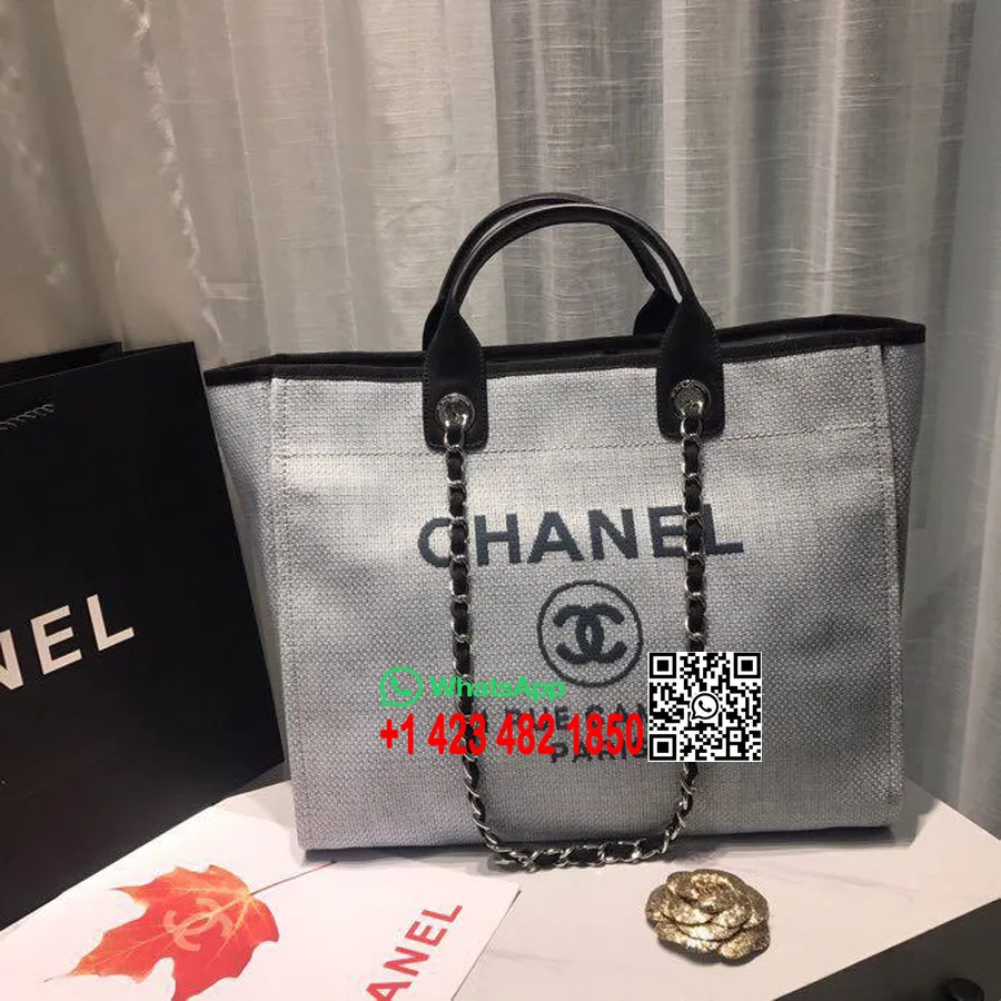 Chanel Deauville Tote 38cm Audekla Soma Pavasara/vasaras 2019 Kolekcija, Gaiši Pelēka/melna/multi