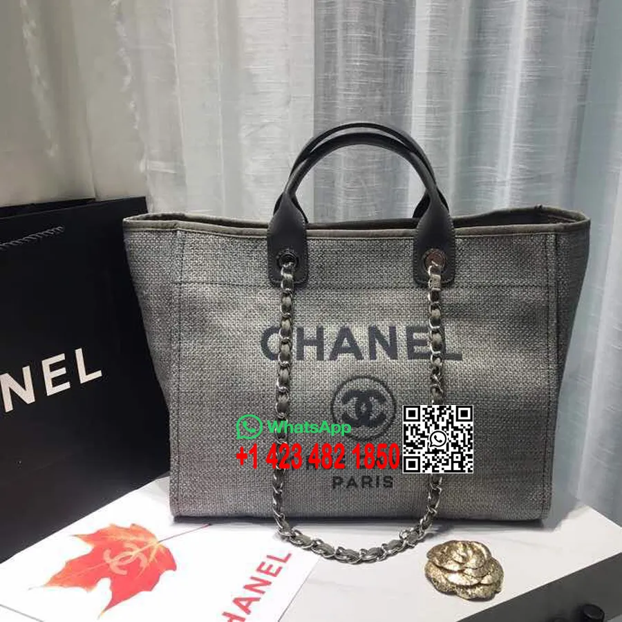 Chanel Deauville Tote 38 Cm Lerretsveske Vår/sommer 2019 Kolleksjon, Lys Grå/mørk Grå/multi