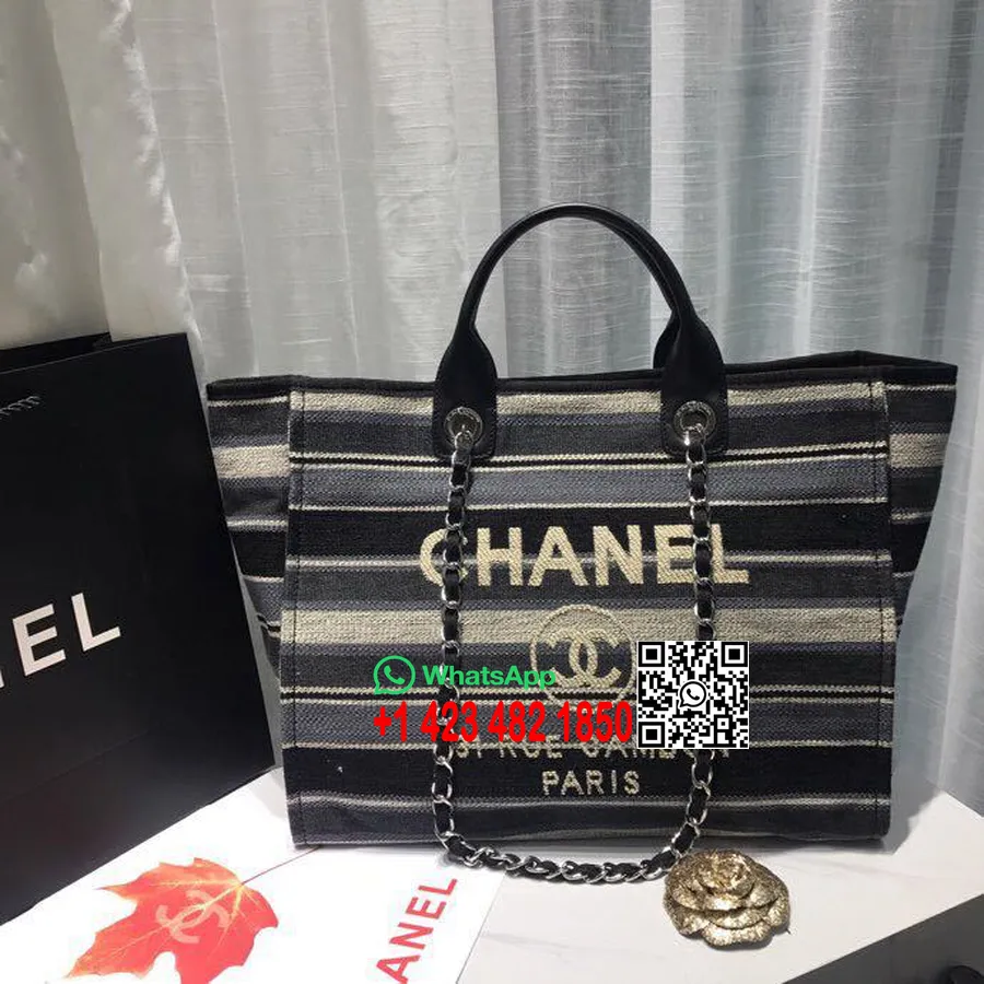 Chanel Deauville Tote Tas Kanvas 38cm Koleksi Musim Semi/musim Panas 2019, Garis-garis Hitam/putih/abu-abu/multi