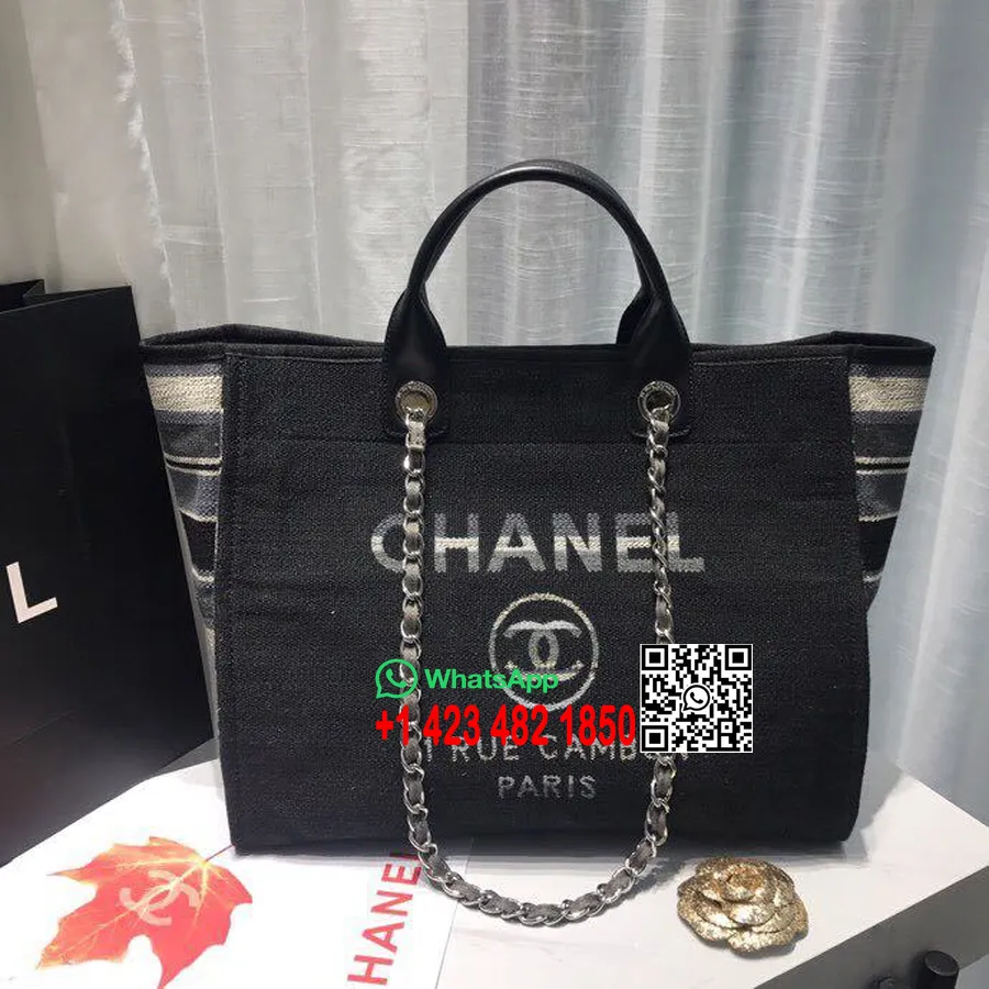 Chanel Deauville Tote Tas Kanvas 38cm Koleksi Musim Semi/musim Panas 2019, Hitam/putih/abu-abu/multi