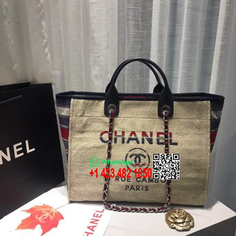 Chanel Deauville Tote Tas Kanvas 38cm Koleksi Musim Semi/musim Panas 2019, Krem/biru Tua/merah/multi