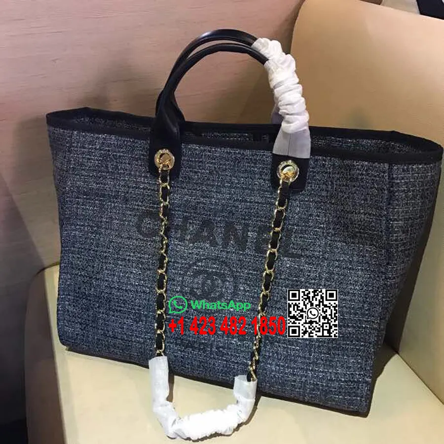 Chanel Deauville Tote Tas Kanvas 38cm Koleksi Musim Semi/musim Panas 2019, Hitam/biru Tua/multi