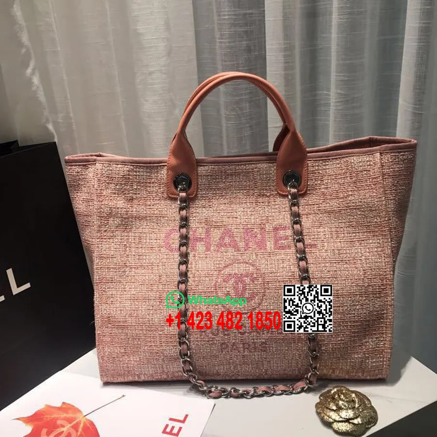 Chanel Deauville Tote Tas Kanvas 38cm Koleksi Musim Semi/musim Panas 2019, Permen Karet Merah Muda/putih/multi