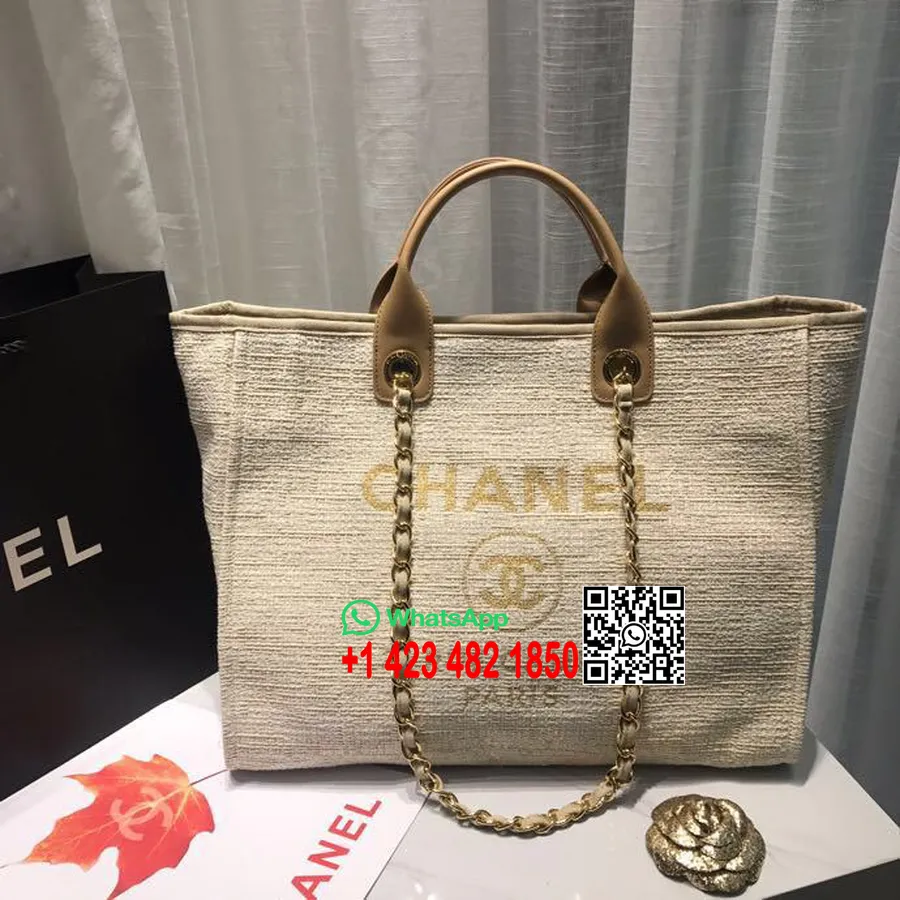 Chanel Deauville Tote Tas Kanvas 38cm Koleksi Musim Semi/musim Panas 2019, Krem/putih/multi