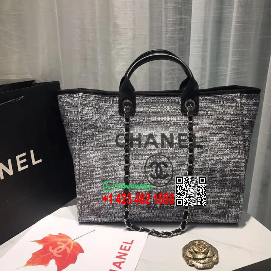 Chanel Deauville Tote Tas Kanvas 38cm Koleksi Musim Semi/musim Panas 2019, Hitam/putih/multi