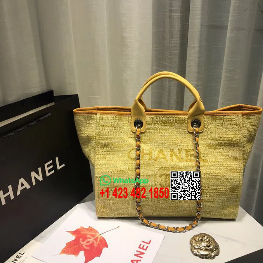 Chanel Deauville Tote Tas Kanvas 38cm Koleksi Musim Semi/musim Panas 2019, Kuning/putih/multi