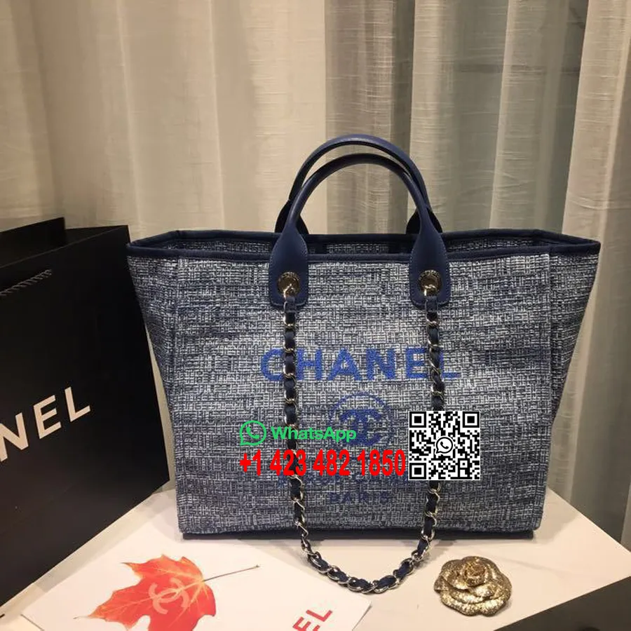 Chanel Deauville Tote Tas Kanvas 38cm Koleksi Musim Semi/musim Panas 2019, Biru Laut/putih