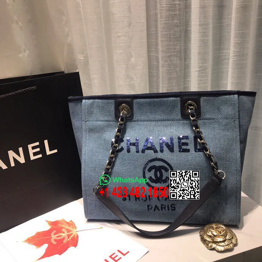 Kabelka Chanel Deauville 34cm Plátěná Taška Kolekce Jaro/léto 2019, Světle Modrá/flitry//multi