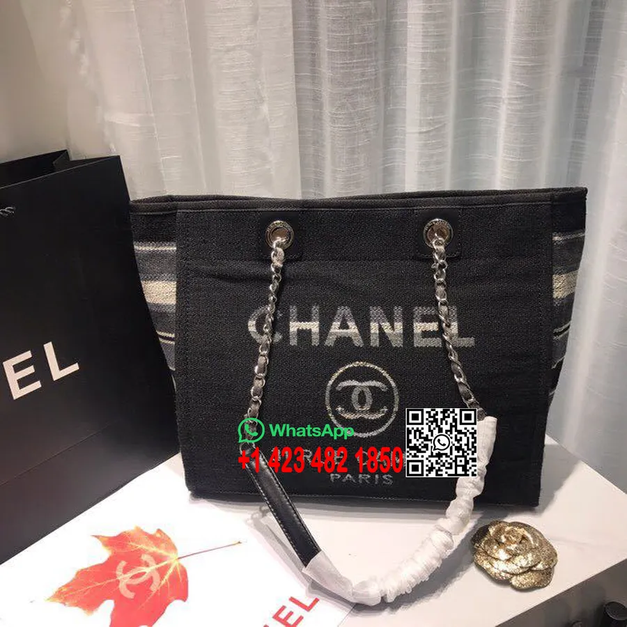 Bolso Tote Chanel Deauville De Lona De 34 Cm Colección Primavera/verano 2019, Denim Negro/blanco/multicolor