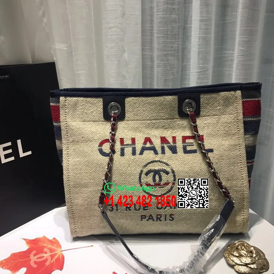 Bolso Tote Chanel Deauville De Lona De 34 Cm Colección Primavera/verano 2019, Beige/rojo/multicolor