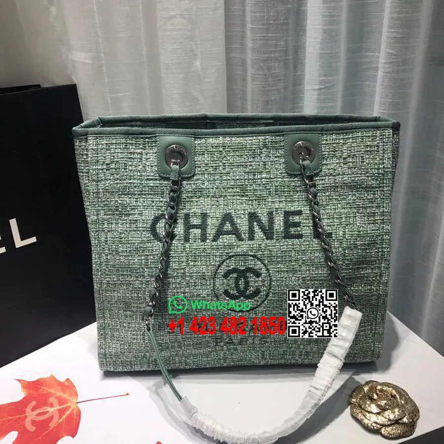 Chanel Deauville Tote 34 Cm Platnena Torba Kolekcija Pomlad/poletje 2019, Figo Zelena