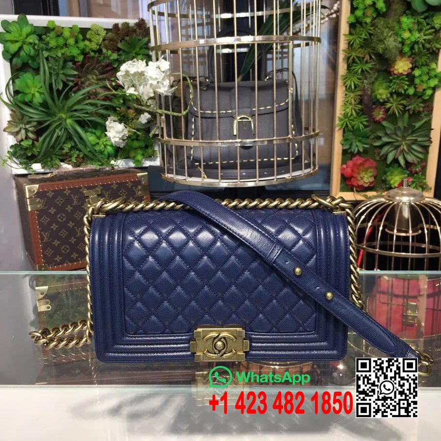 Borsa Chanel Boy 25 Cm Pelle Di Caviale Hardware Oro Antico Collezione Primavera/estate 2018 Atto 1, Blu Navy