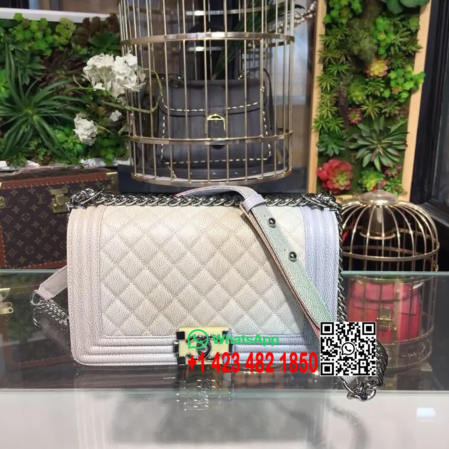 Bolso Chico Chanel Chevron 25 Cm Cuero Caviar Herrajes Plateados Brillantes Colección Crucero 2017, Variación Arco Iris / Blanco