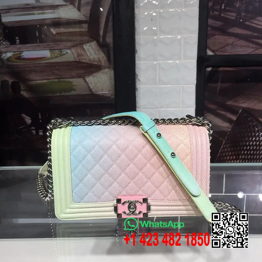 Chanel Chevron Jongenstas 25 Cm Kaviaarleer Glanzend Zilver Hardware Cruise 2017 Collectie, Regenboog/roze/blauw/groene Variatie