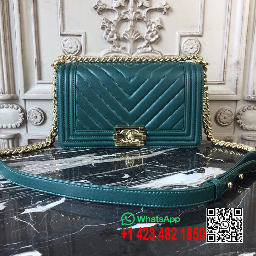 Bolso Chanel Chevron Boy 25 Cm Piel De Cordero Herrajes Dorados Brillantes Colección Primavera/verano 2018 Acto 1, Verde Oscuro