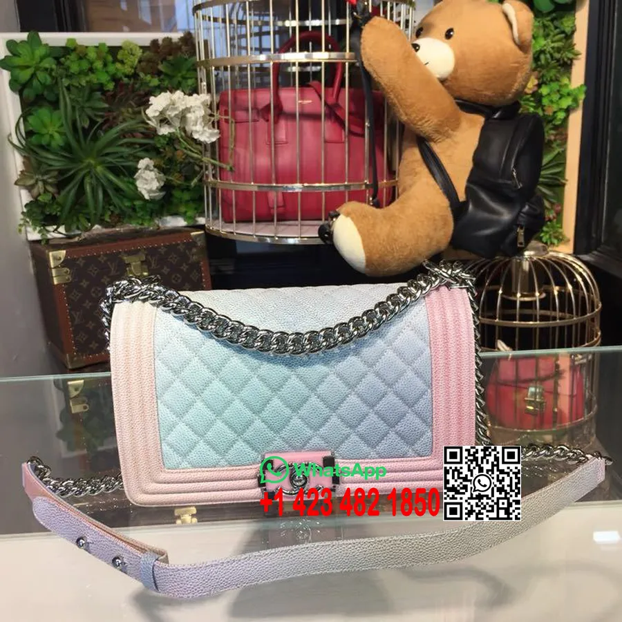 Chanel Chevron Boy Bag 25cm Caviar Leather Shiny Silver Hardware Cruise 2017 Collection, Rainbow/Light Blue Variation