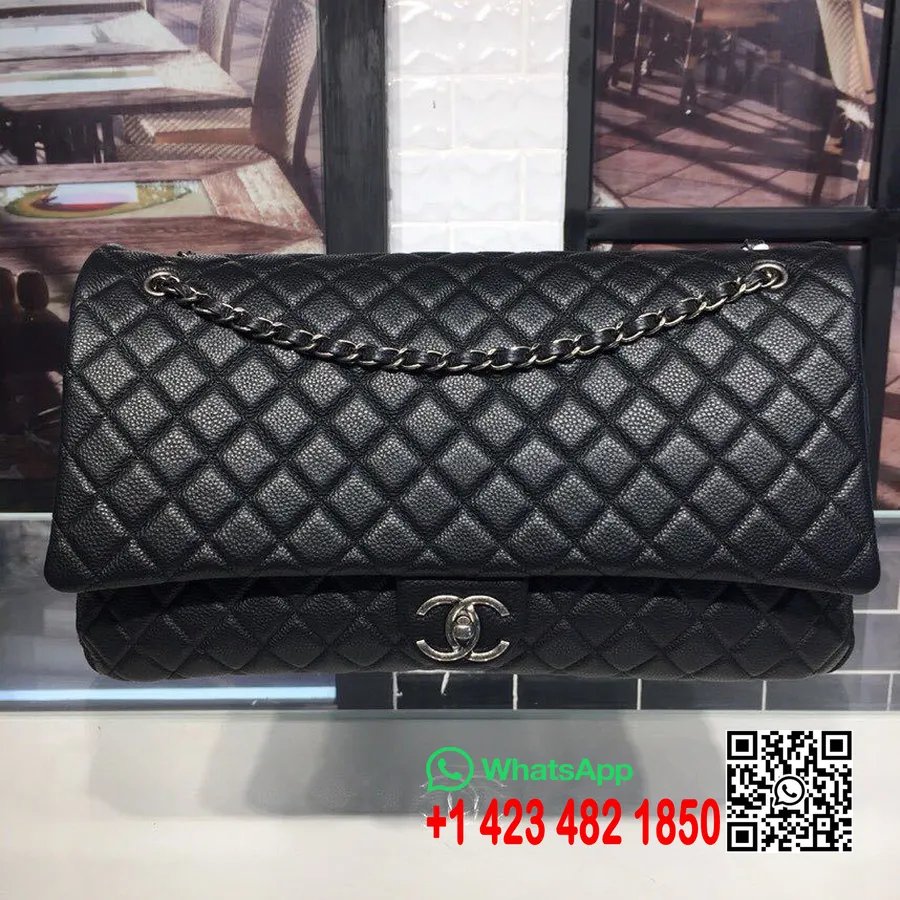 Chanel XXL Classic Flap Travel Bag 46cm Caviar Lambskin Leather Antique Silver Hardware Spring/Summer 2018 Act 1 Collection, Bla