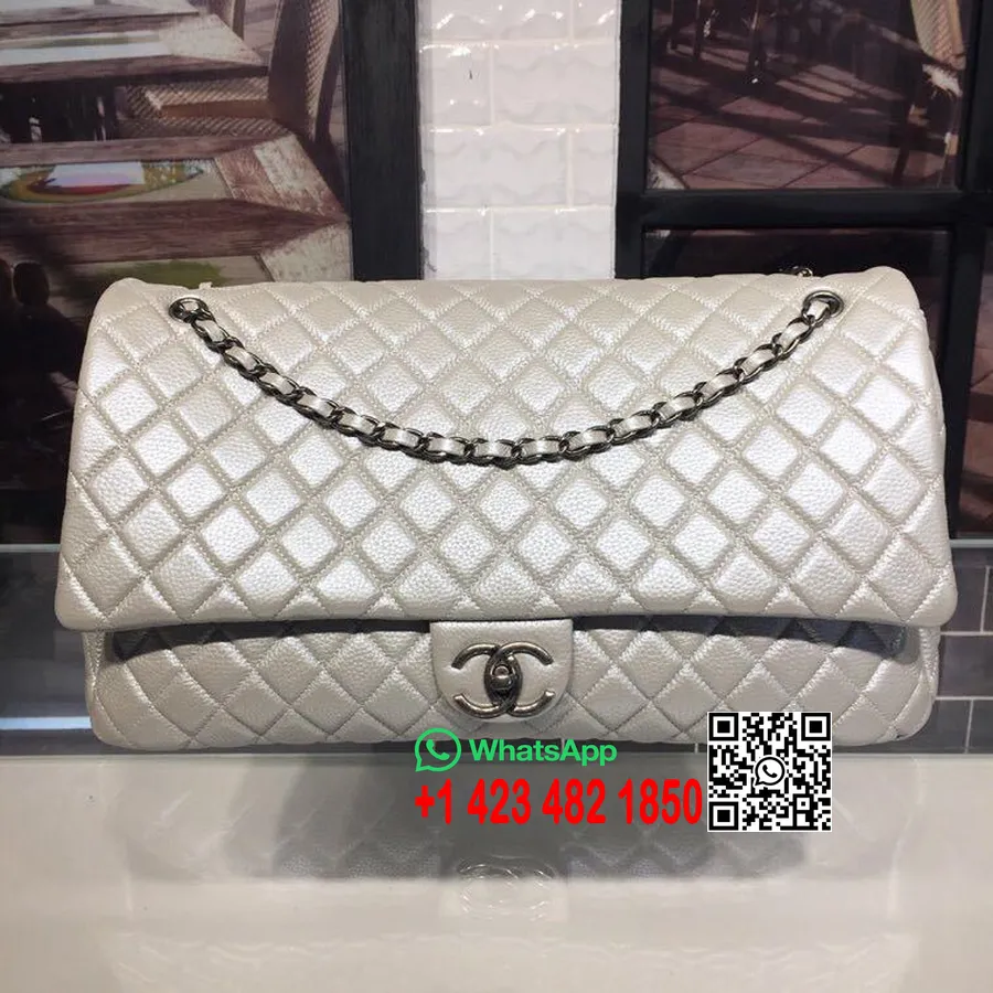 Chanel XXL Classic Flap Travel Bag 46cm Caviar Lambskin Leather Antique Silver Hardware Spring/Summer 2018 Act 1 Collection, Sil