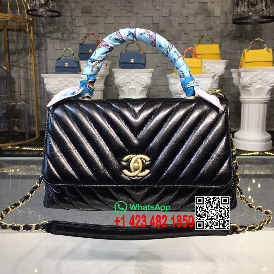 Chanel Coco Ručka Chevron Torba 26 Cm Ostarjela Teleća Koža Zlatna Oprema Kolekcija Proljeće/ljeto 2019 Akt 1, Crna