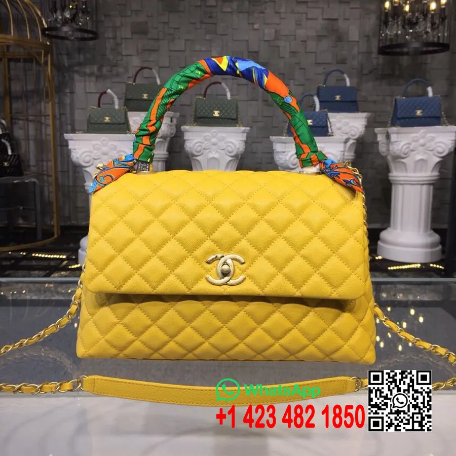 Sac Chanel Coco Handle Matelassé 30cm Cuir De Veau Grainé Matériel Doré Collection Printemps/été 2019 Acte 1, Jaune