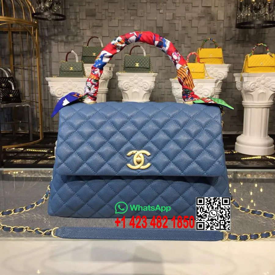 Sac Chanel Coco Handle Matelassé 30cm Cuir De Veau Grainé Matériel Doré Collection Printemps/été 2019 Acte 1, Bleu