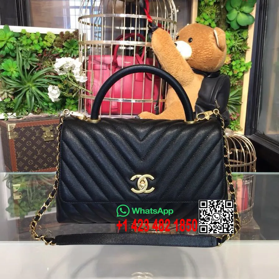 Bolso Chanel Coco Con Asa Chevron 28 Cm Piel De Becerro Granulada Herrajes Dorados Colección Primavera/verano 2019 Acto 1, Negro