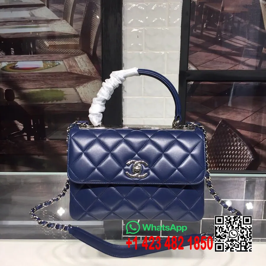 Chanel Trendy Cc Taška S Horní Rukojetí 25cm Teletina Kůže Stříbrný Hardware Jaro/léto 2018 Akt 1 Kolekce, Tmavě Modrá