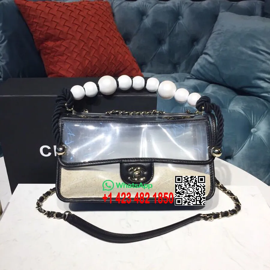 Pvc чанта с капак на Chanel с голяма перлена каишка, 26 см телешка кожа, златен обков, колекция пролет/лято 2019 акт 2, черна