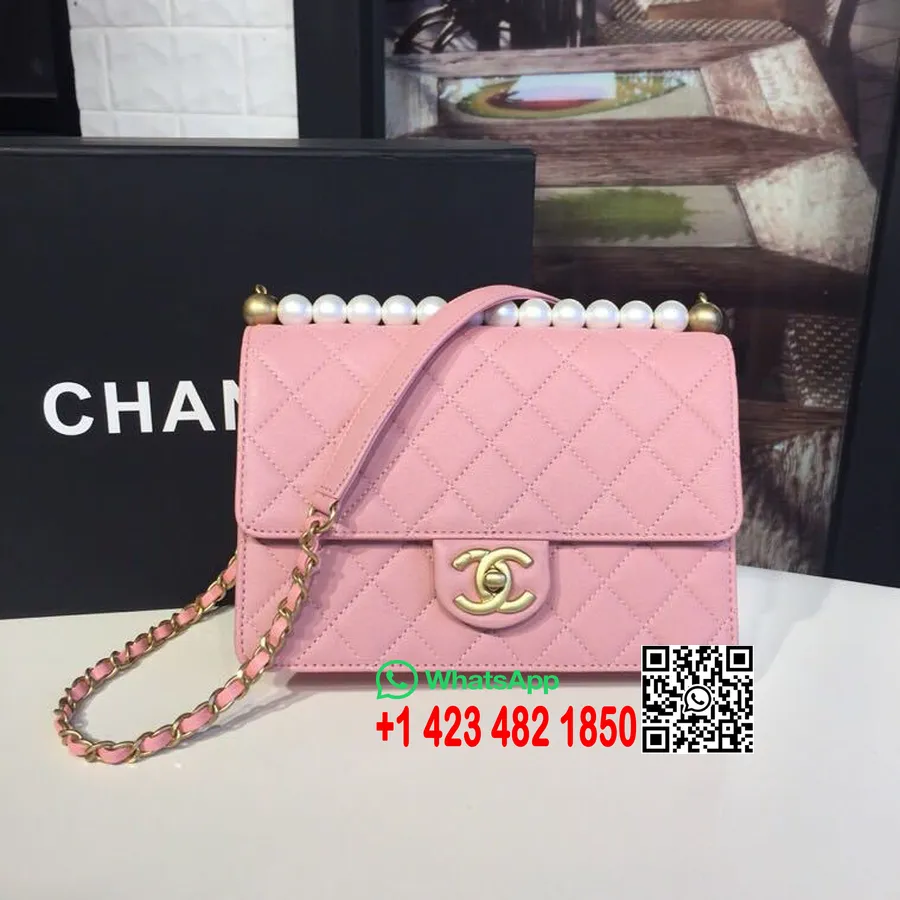 Chanel Kort Pärlhandtag Väska 22 Cm Lammskinn Guld Hårdvara Vår/sommar 2019 Akt 2 Kollektion, Rosa