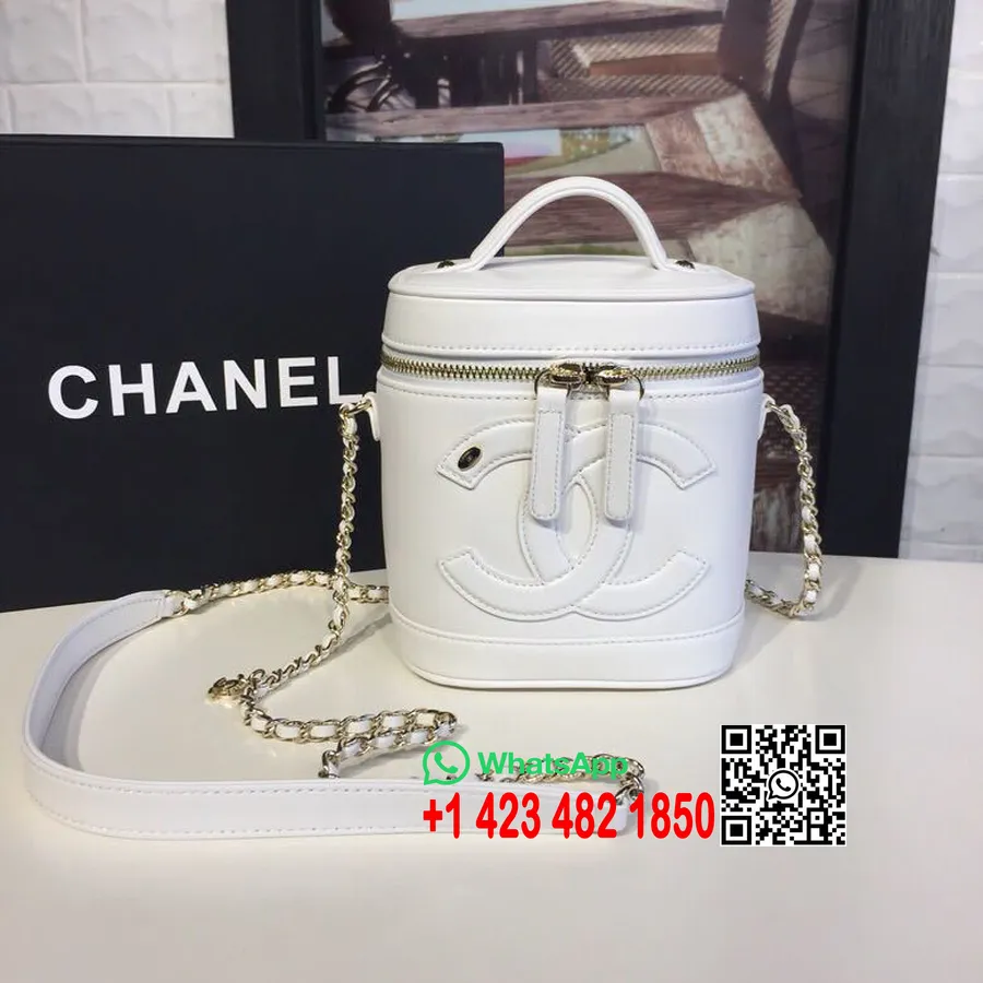 Chanel Sminkfodral Väska 16cm Lammskinn Läder Guld Hårdvara Vår/sommar 2019 Kollektion, Vit