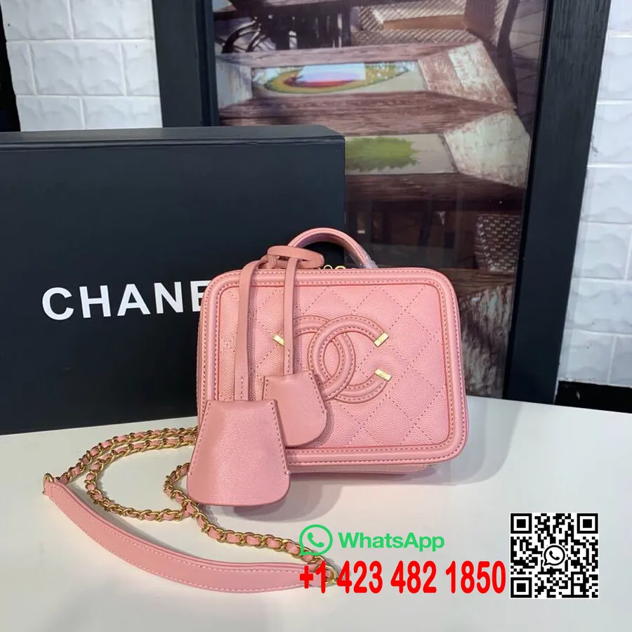 Chanel Cc Filigrana Bolso Neceser 16 Cm Herrajes Dorados Cuero Caviar Colección Crucero 2019, Rosa