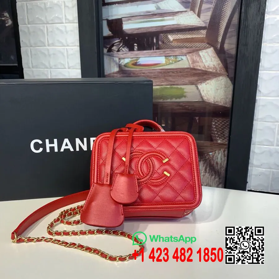 Chanel Cc Filigrana Bolso Neceser 16 Cm Herrajes Dorados Cuero Caviar Colección Crucero 2019, Rojo