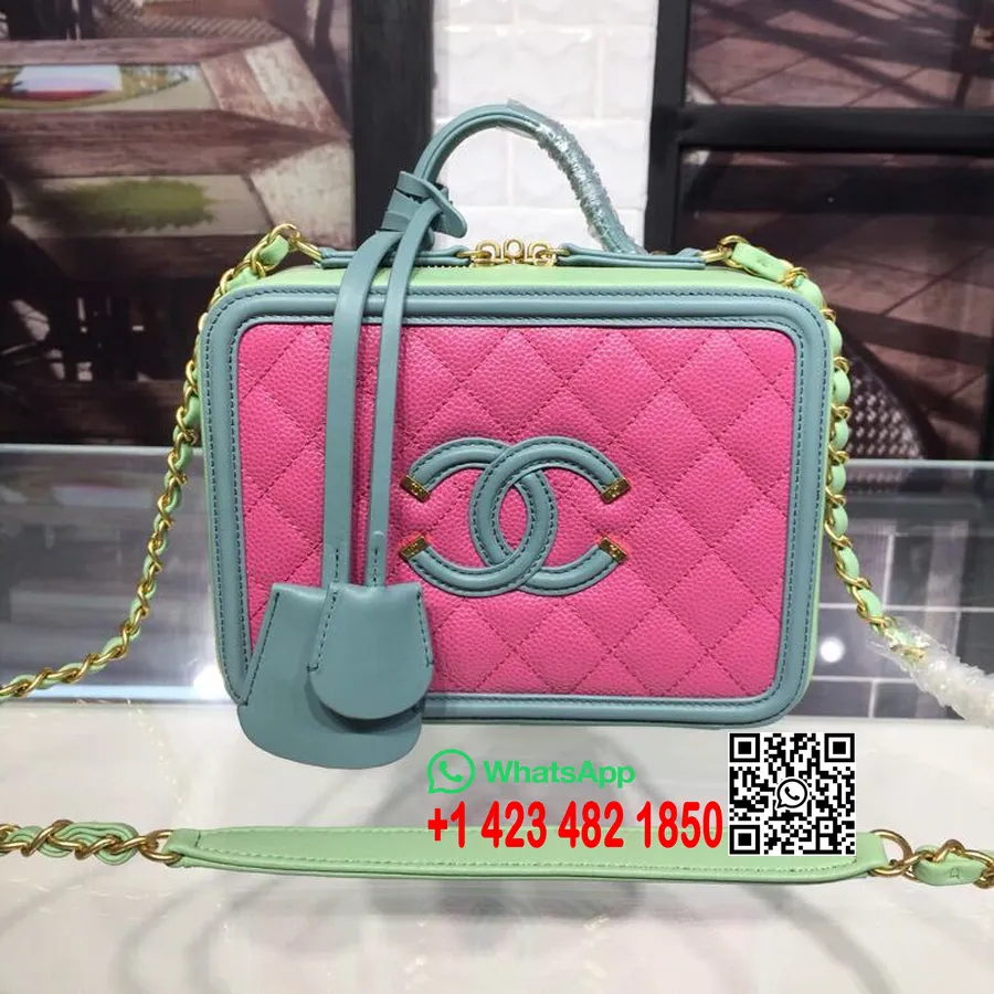 Chanel Cc Filigrana Bolso Neceser 20 Cm Herrajes Dorados Cuero Caviar Colección Otoño/invierno 2018 Acto 1, Rosa/verde