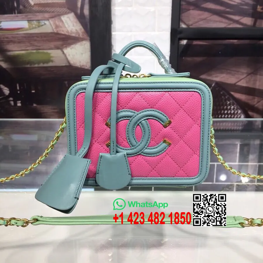 Chanel CC Filigree Vanity Case Bag 16cm Gold Hardware Caviar Leather Cruise 2019 Collection, Pink/Green