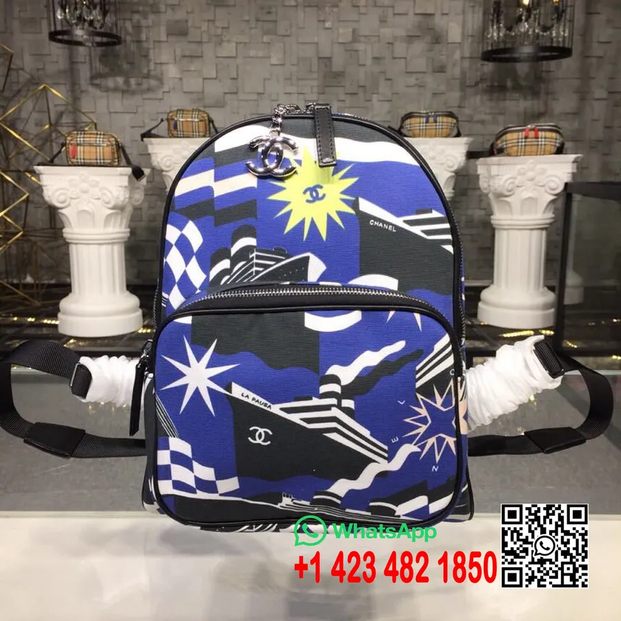 Chanel La Pausa Bay Mochila De Lona 30 Cm Prata Hardware Cruise Coleção 2019, Azul Elétrico