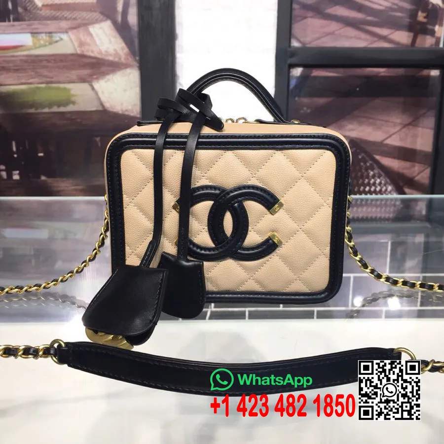 Chanel CC Filigree Vanity Case Bag 16cm Gold Hardware Caviar Leather Cruise 2019 Collection, Beige/Black