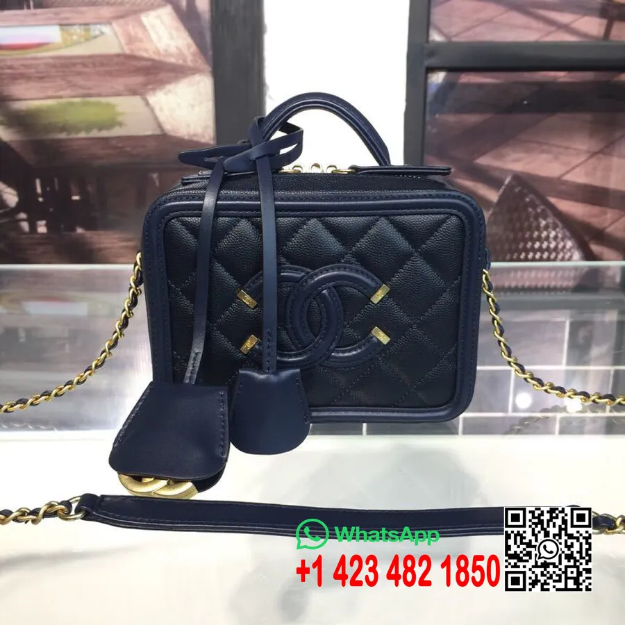 Chanel CC Filigree Vanity Case Bag 16cm Gold Hardware Caviar Leather Cruise 2019 Collection, Navy Blue