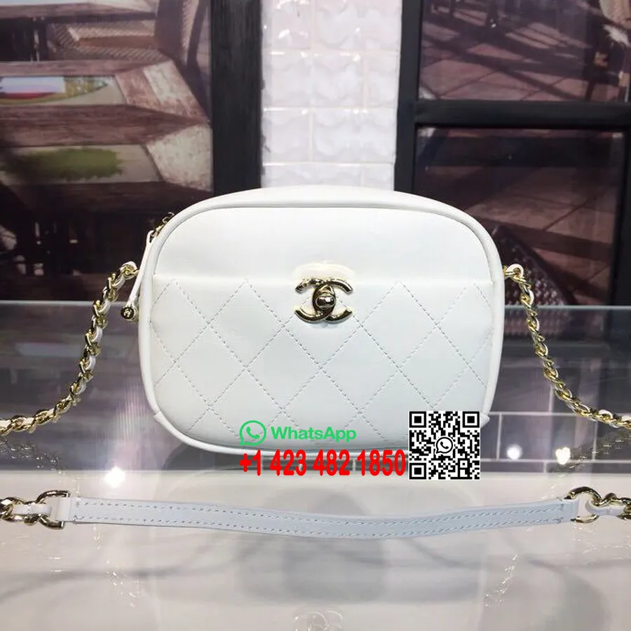 Chanel Casual Trip Kaameraümbris 20cm Kullast Riistvara Lambanahast Cruise 2019 Kollektsioon, Valge