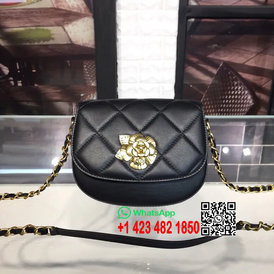 Chanel Lillekott 18cm Kullast Riistvara Lambanahast Kruiis 2019 Kollektsioon, Must