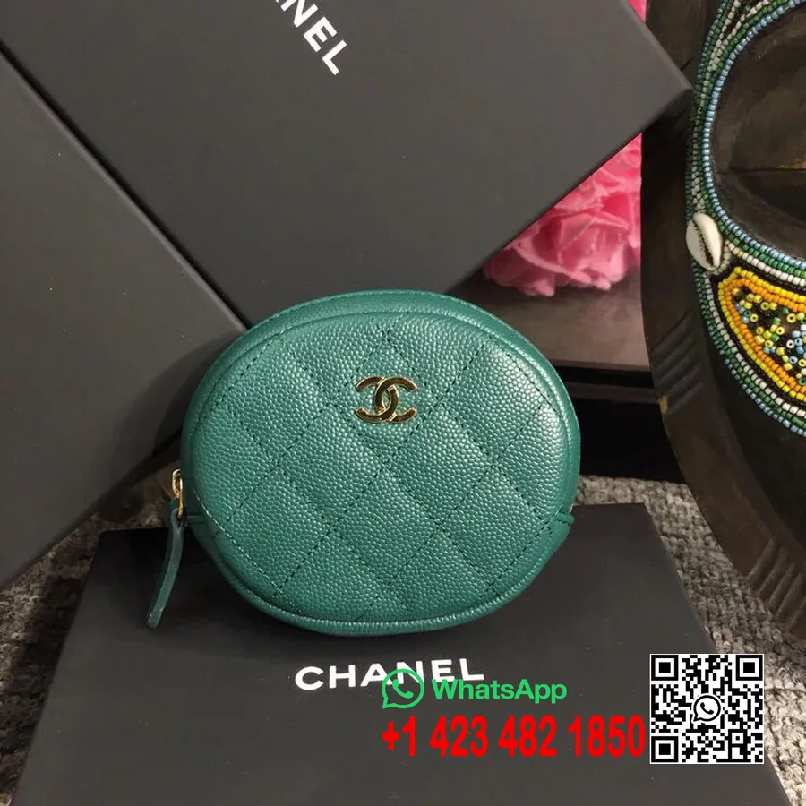 Chanel Kulatá Klasická Peněženka Na Mince 10cm Kaviárová Kůže Zlaté Kování Jaro/léto 2019 Kolekce 2. Jednání, Tmavě Zelená