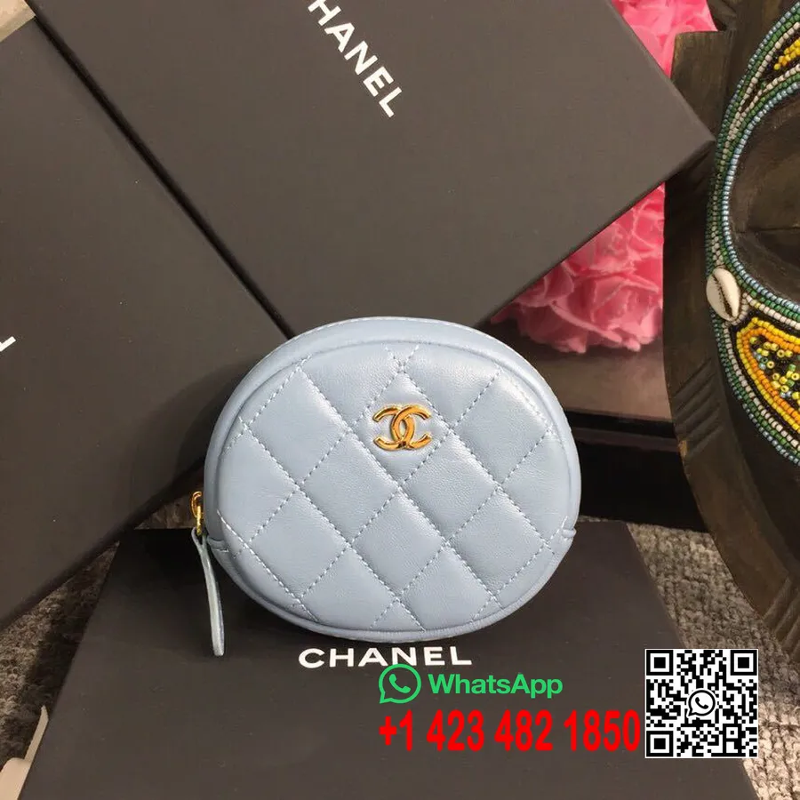 Chanel Kulatá Klasická Peněženka Na Mince 10 Cm Jehněčí Kůže Zlaté Kování Jaro/léto 2019 Kolekce 2. Jednání, Světle Modrá