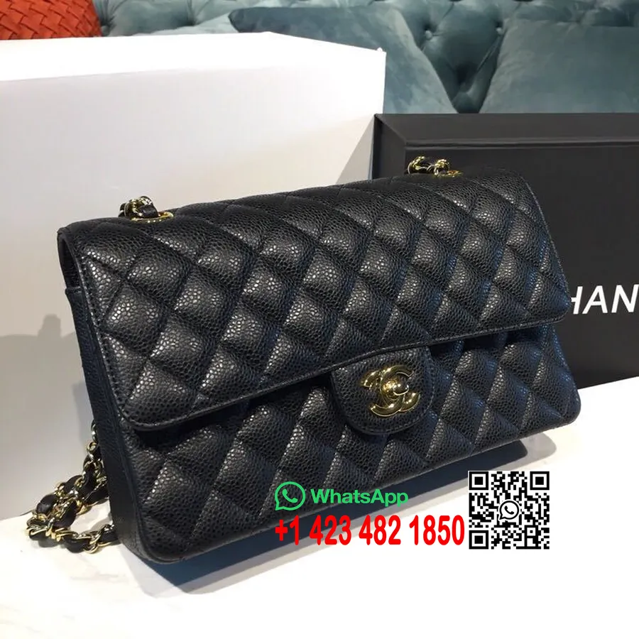 Chanel Klassisk Flap Taske 25 Cm Kaviar Læder Guld Hardware Forår/sommer 2019 Act 2 Kollektion, Sort