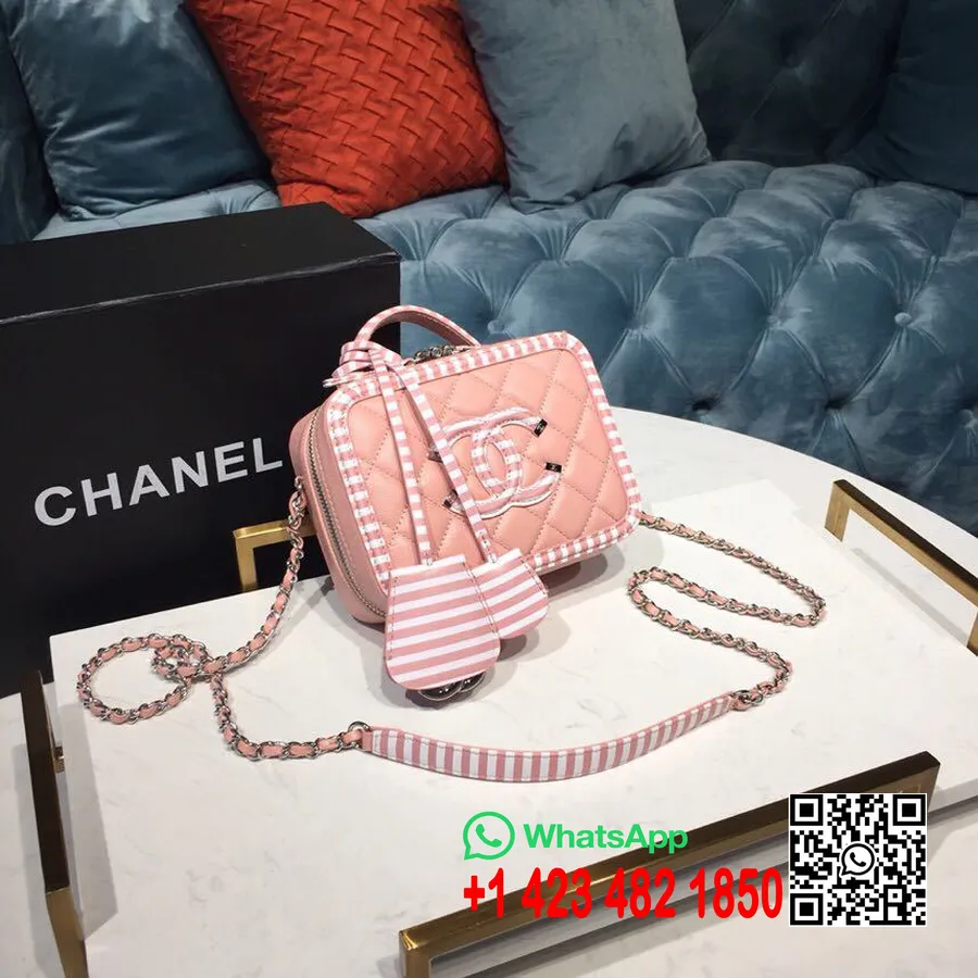 Chanel Bi-color S Pruhem Cc Filigránová Toaletní Taška 18cm Zrnitá Teletina Cruise Kolekce 2019, Bílá/růžová