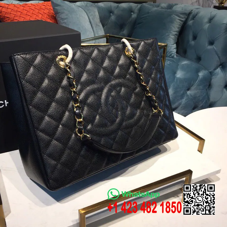 Chanel Gst Bevásárlótáska 33 Cm-es Kaviárbőr Arany Hardver 2019 Tavaszi/nyári Felvonás 2 Kollekció, Fekete