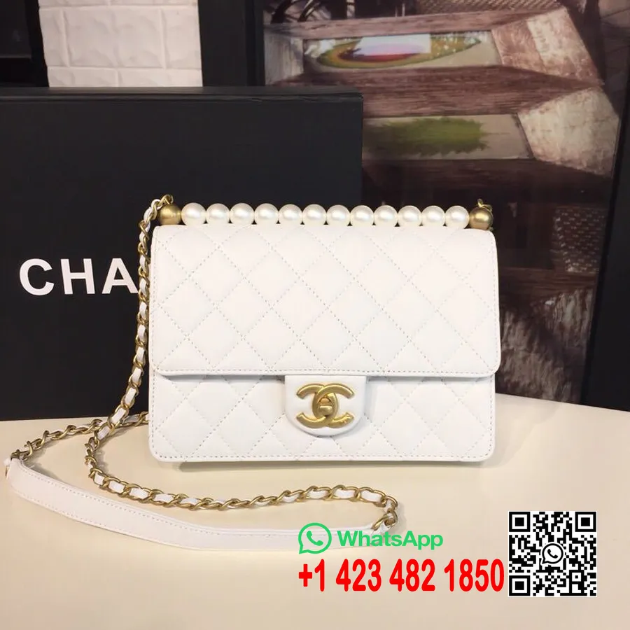 Bolso Chanel Con Asa Corta De Perlas 22 Cm Piel De Cordero Herrajes Dorados Colección Primavera/verano 2019 Acto 2, Blanco