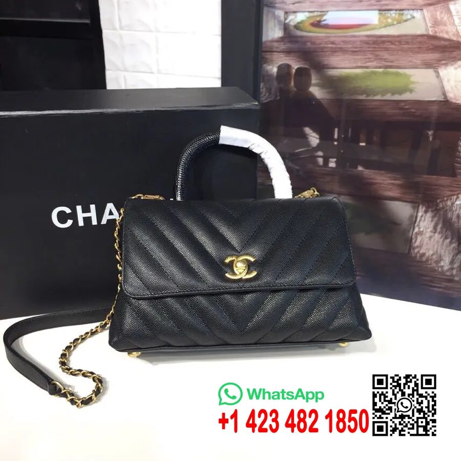 Bolso Con Asa Chanel Coco 24 Cm Piel De Becerro Caviar Envejecida Herrajes Dorados Colección Primavera/verano 2019 Acto 1, Negro