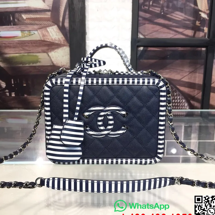 Chanel Bi-Color with Stripe CC Filigree Vanity Case Bag 22cm Grained Calfskin Cruise 2019 Collection, Navy Blue